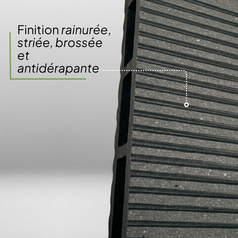 Terrasse moderne en composite gris anthracite, avec salon de jardin et pot de fleurs Fuji, alliant confort et esthétique.