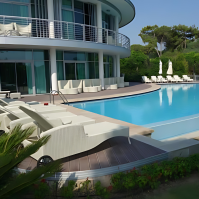 Terrasse en composite marron chocolat d'hôtel moderne, vue sur piscine, transats et palmiers.