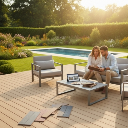 Personnes choisissant plusieurs lames de terrasse en composite