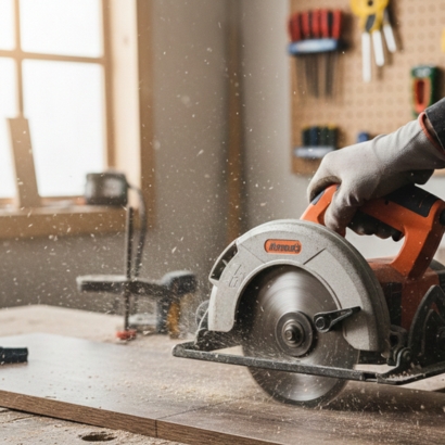 Scie circulaire en train de couper des lames de terrasse composite