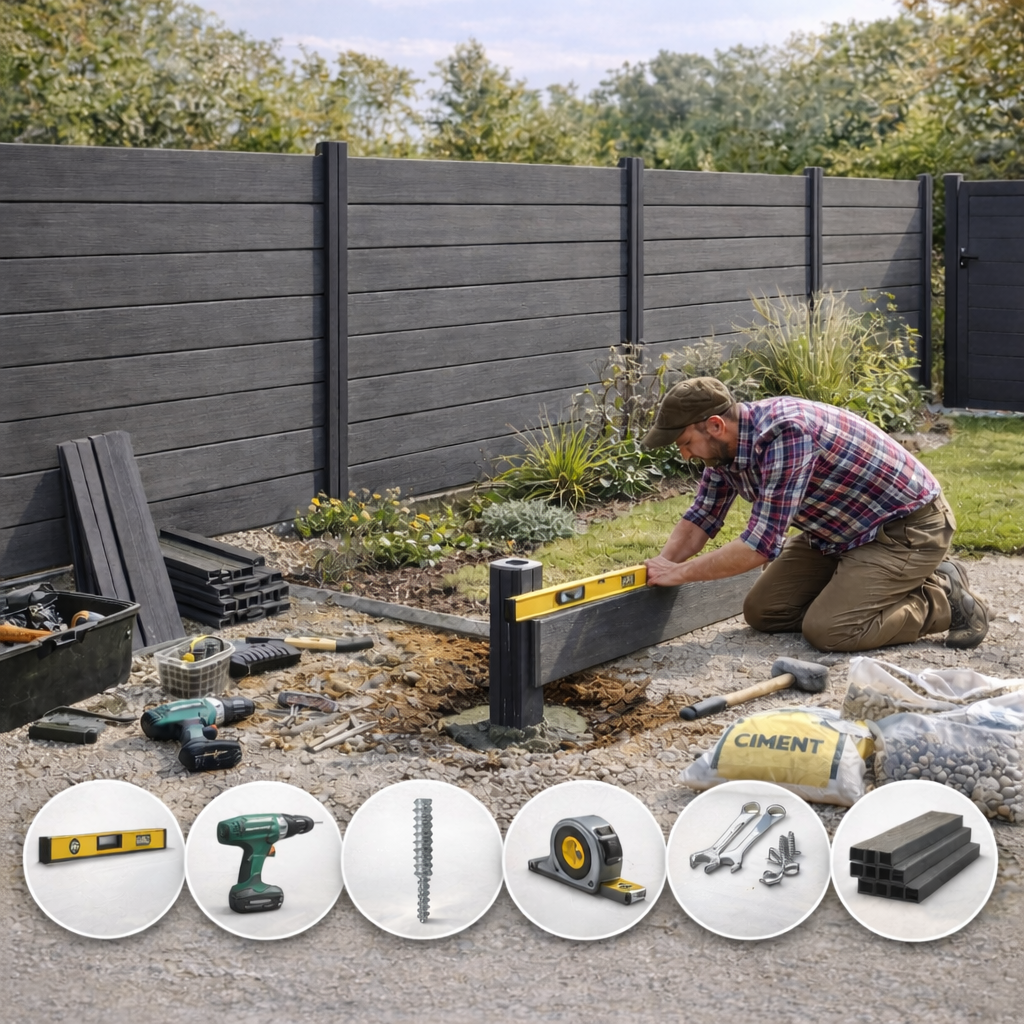 Pose d’une clôture composite avec poteaux et lames composites, installation extérieure en cours