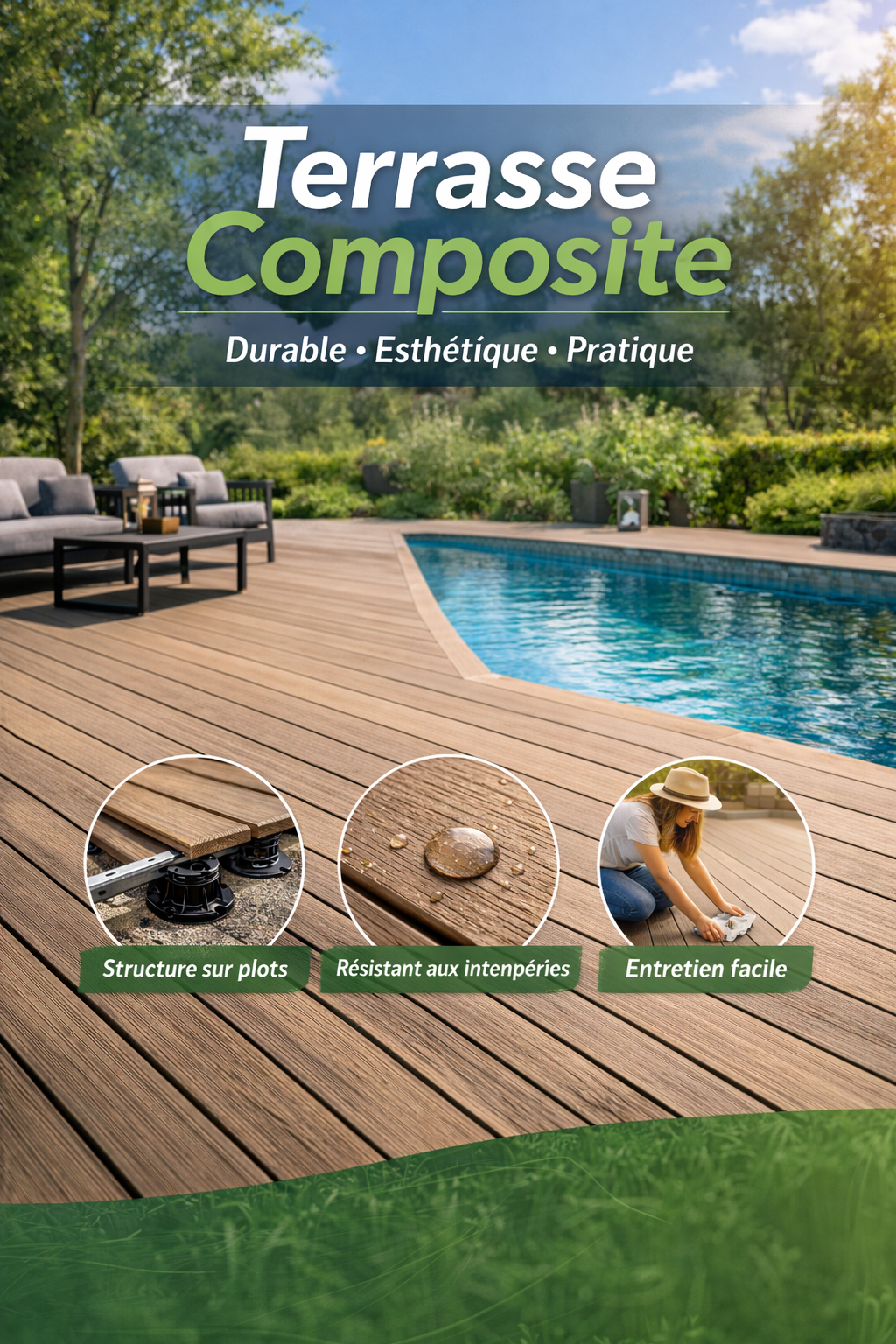 Terrasse composite moderne avec lames composites autour d’une piscine, structure sur plots, surface antidérapante et entretien facile