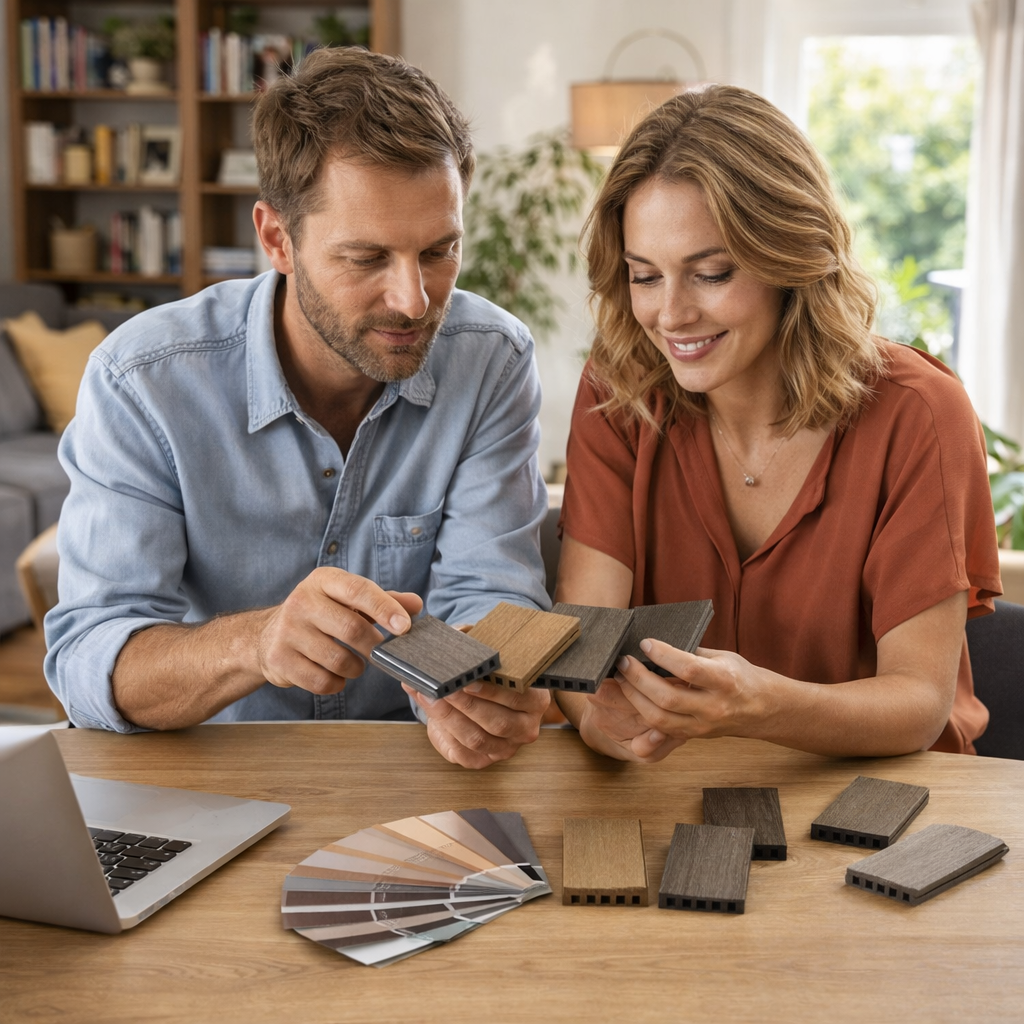 Couple à domicile comparant des échantillons de lames de terrasse composite pour choisir la couleur et la finition