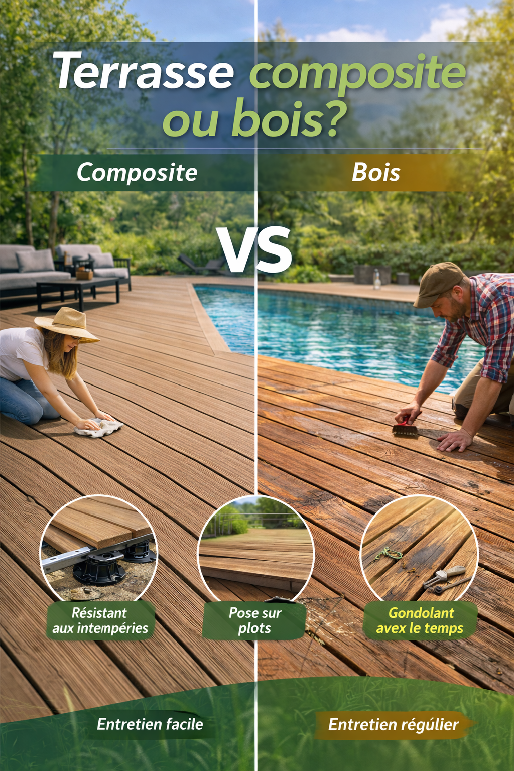Comparaison entre terrasse composite et terrasse en bois, montrant l’entretien réduit du composite et l’entretien régulier du bois