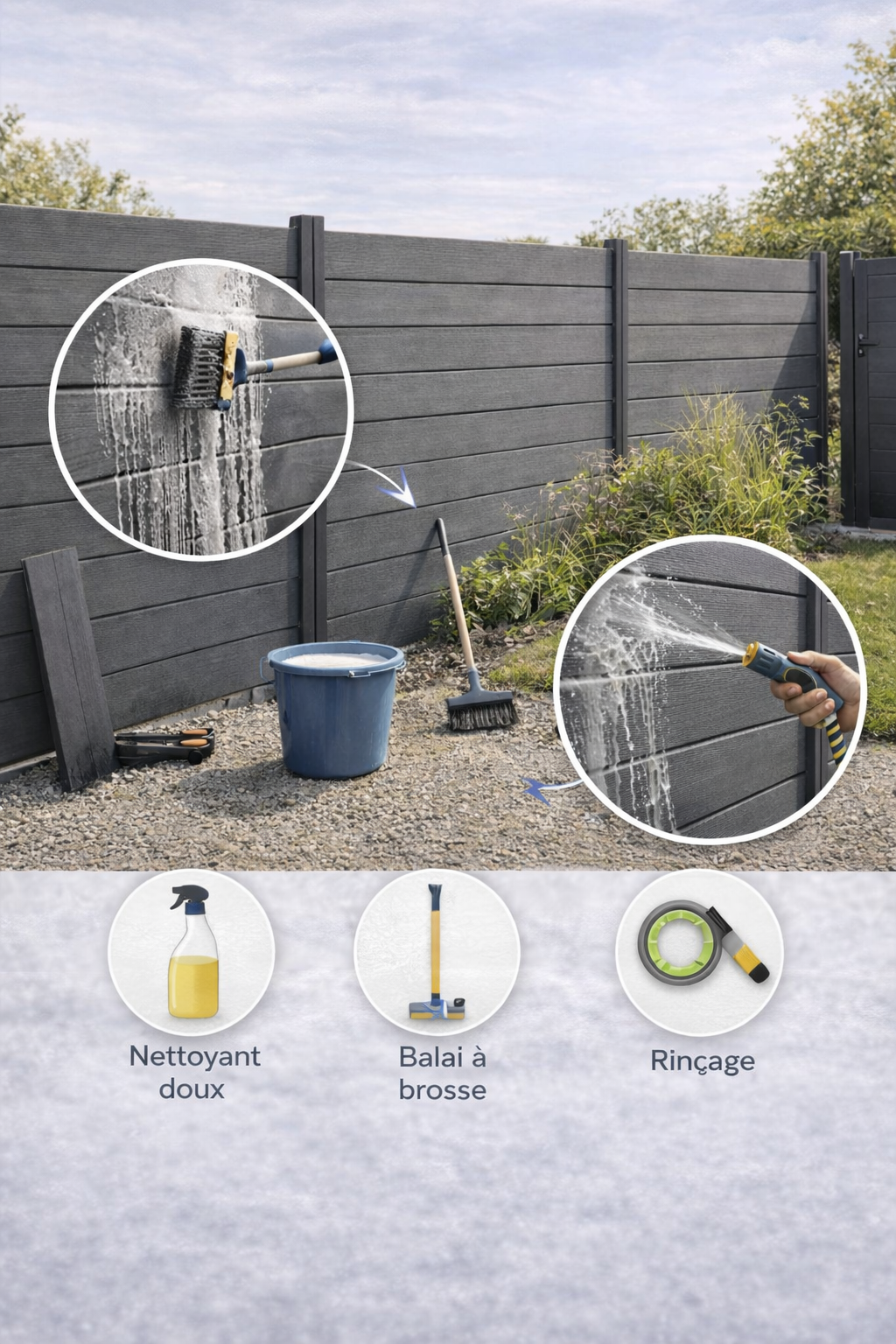 Nettoyage d’une clôture composite avec brosse douce et rinçage à l’eau pour l’entretien courant