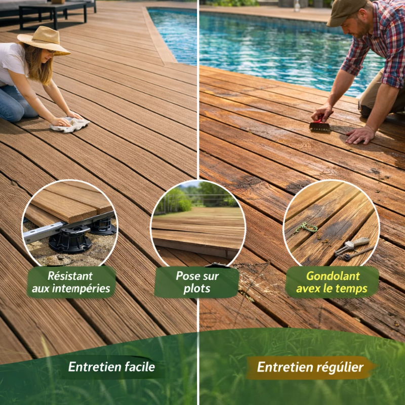 Comparaison entre terrasse composite et terrasse en bois, montrant l’entretien réduit du composite et l’entretien régulier du bois