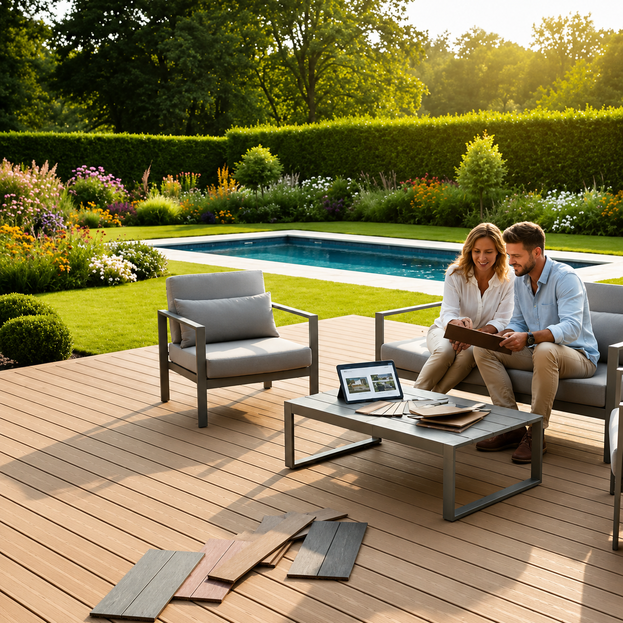 Couple comparant des échantillons de lames de terrasse composite dans leur jardin avant de faire leur choix